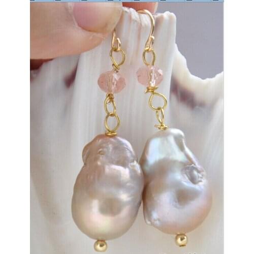 20mm baroque purple keshi reborn pearl faceted pink crystal dangle earring plated