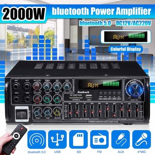 2000W Home Car bluetooth Stereo Amplifier Surround Sound USB SD AMP FM AUX 4 Mic LCD Display Home Cinema Karaoke Remote Control