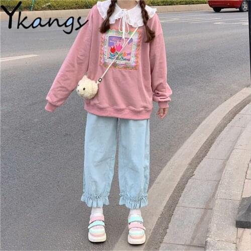 Harajuku Pant Girls Japanese Kawaii Loose Pants Ruffles Casual Female Sweet Cute Sweatpants Lolita Style Trousers Preppy Capris