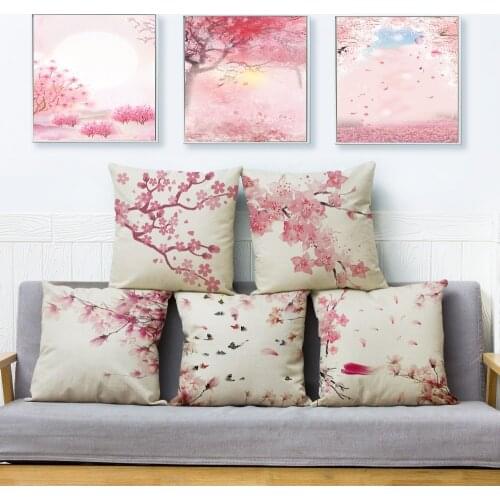 Nordic style Pink Peach Blossom Flower Tree Cushion Cover for Sofa Home Decor Throw Pillowcase Plant Pillow Case Linen 45*45cm