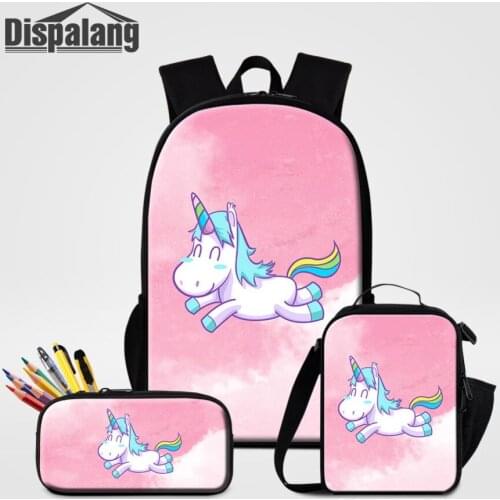 Dispalang Unicorn School Backpacks For School For Girls 3 PCS Bags Set Childrens Food Lunchbox Kids Large Bookbag Pencil Case