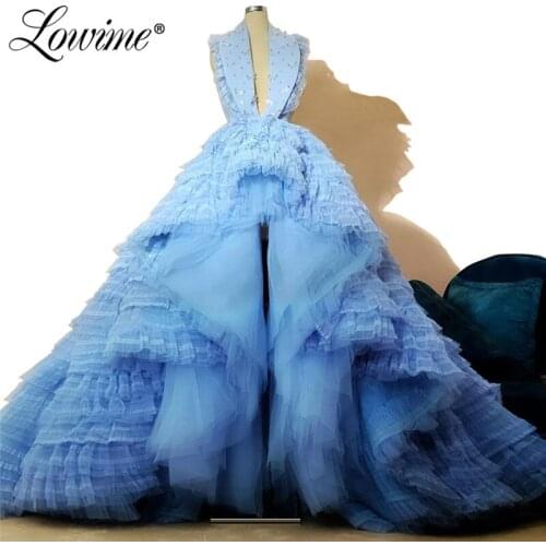 Robe Longue Light Blue Dresses Woman Party Night Tulle Prom Dress V Neck Women Evening Gowns 2020 Beaded High Low Robe De Soiree