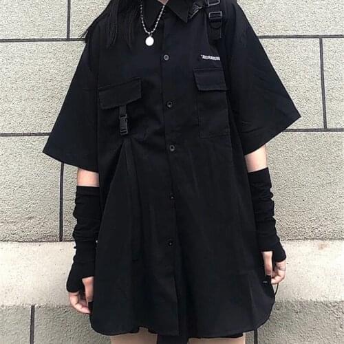Harajuku single/suit summer all-match dark black loose BF shirt top female fashion two-piece suit y2k tops E-girl 2000s punk bar