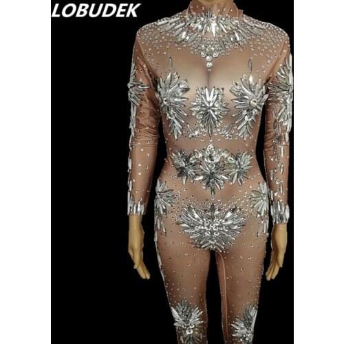 Nude Color Rhinestones Stretch Jumpsuit Glass Crystals Skinny Rompers Female Singer Stage Wear Sexy Bar Nightclub Dance Costumes