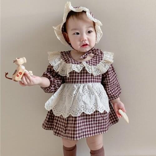 Korean Spring and Autumn Baby Girl Pastoral Style Lapel romper Plaid Lace Romper Out Romper Pastoral Long-sleeved Dress With Hat