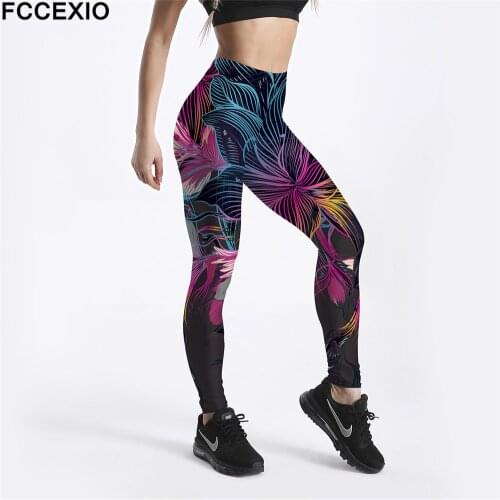 FCCEXIO New Workout Leggings High Waist Fitness Legging Floral Lines Printed Leggins Female Leg Pants Women Slim Gothic Leggings