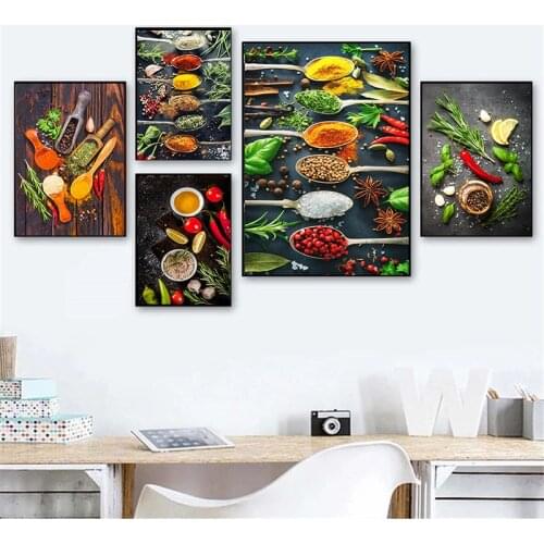 Kitchen Room Wall Art Grains Spices Spoon Peppers Painting on Canvas Posters and Prints Cuadros Pictures for Home Cuadros Decor