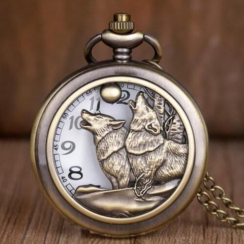 New Vintage Pocket Watches Bronze Moon Wolf Design Hollow Quartz Pocket Watches Necklace Pendant Mens Womens Gifts Clock