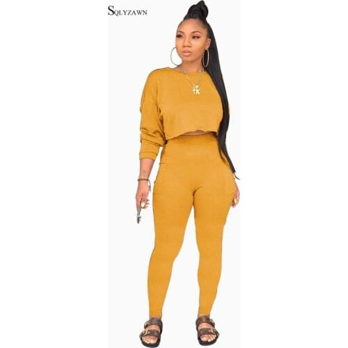 Solid Sexy 2 Piece Set Autumn Long Sleeve Crop Top And Skinny Full Length Pants Tracksuit Women Casual Outfits Matching Sets 2XL