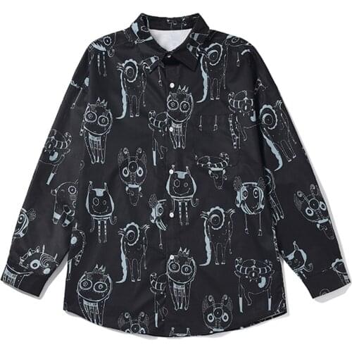 Monster Printed Shirt Mens Long Sleeve 2021 New Shirt Coat Korean Fashion Large