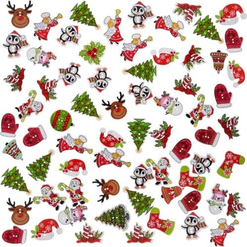 50Pcs 2 Holes Wooden Buttons Sewing Scrapbooking Christmas Children Clothes Button Santa Claus Charms Xmas Tree Ornanment