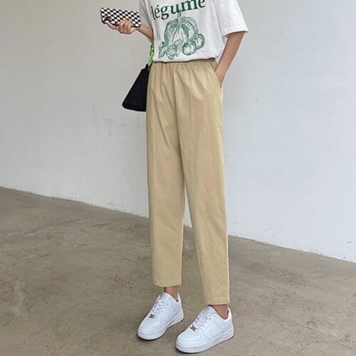 Zoki S-4XL Loose Women Pants Cotton Autumn Women Thin Ankle-Length Pants Elastic Waist Casual Black Straight Female Pants
