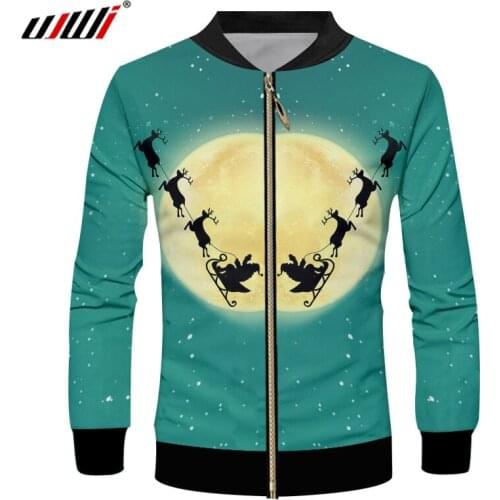 UJWI Man 3D Printed Santa Claus And Elk Christmas Round Moon Landscape Clothing Best Selling Spandex Zip Jacket