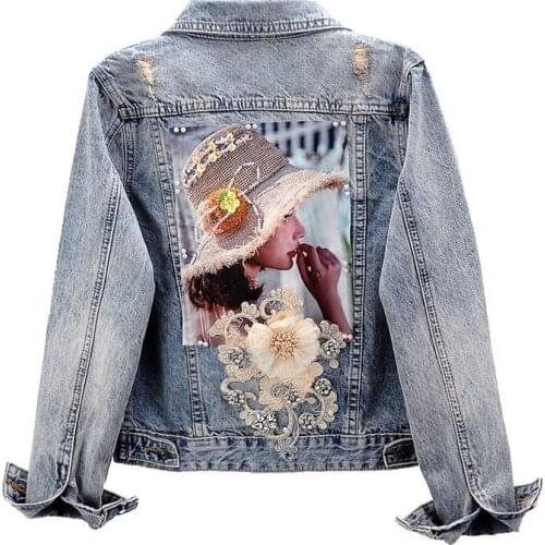 2021 Spring Autumn Denim Jackets Female Slim Diamond Flower Long-Sleeved Cowboy Outerwear Lady Short Women Tops Streetwear Femme