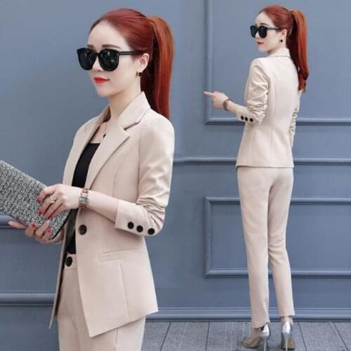 2021Spring Autumn Womens Office Suit V-Neck Two-Piece Sets Female Blazer Elegant Pantsuit Ladies High Waist Pants Suits Q31