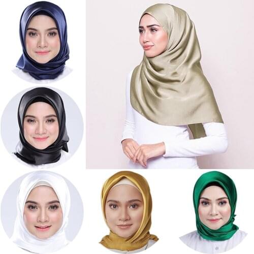 Hijab Women Silk Square Scarf 90*90cm Satin Scarves Solid Wraps Autumn Winter Luxury Satin Scarves Muslim Head Scarf Turban