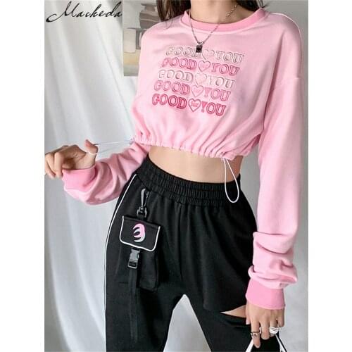 Macheda Autumn Pink Casual Sweatshirts Women Letter Long Sleeve O Neck Crop Top Clothing Lady Fashion Pullovers 2020 New