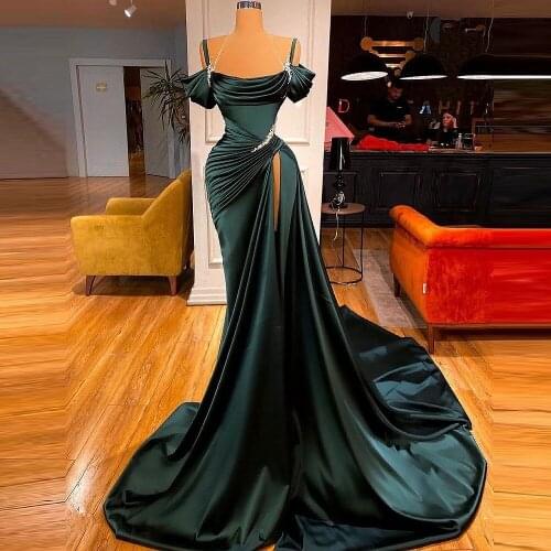 Dark Green High Split Mermaid Prom Dress With Beading Sequins Pleats Satin Slit Evening Dress vestido de novia Formal Women Gown