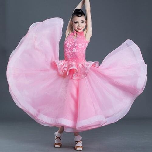 Ballroom Dance Competition Dresses Girls Pink Lace Sleeveless Ballroom Dancing Dress Waltz Flamenco Performance Wear Kids DN5312