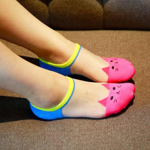 Small cat Cartoon Boat ankle low Socks Woman Crystal Socks Full Cotton Invisible Glass Silk 2pcs=1pair ws121