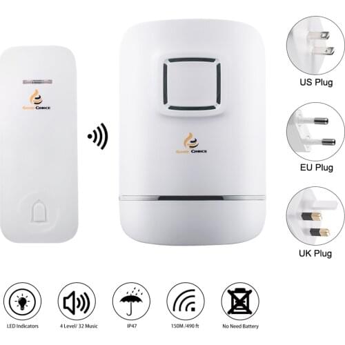 IP47 Waterproof Wireless Doorbell,Door Bell Chime,No Need Battery,Self-Powered Transmitter Button,Plug-in Receiver,32 Ringtones