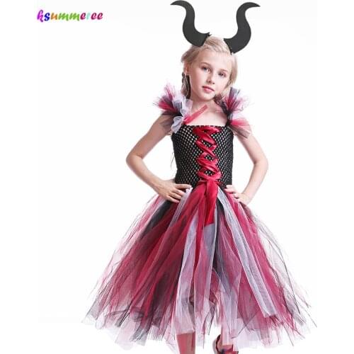 Black Wine Kids Halloween Purim Costume Evil Queen Inspired Girls Handmade Tutu Dress with Horns Children Scary Bow Gown