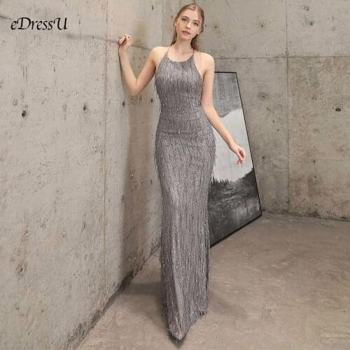 Elegant Tassels Evening Dress Sexy Spaghetti Evening Party Dress Silver Long Dress Vestido de Fiesta Formal Prom Dress YNY-18080