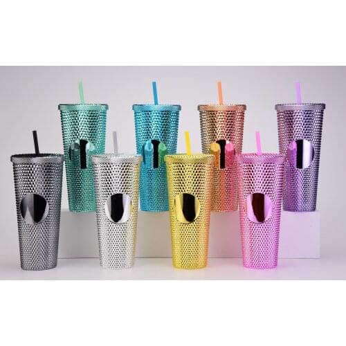 Quality matte finish double wall DIY 700ml 710ml 22oz 24oz plastic studded durian cup straw cup tumblers with own logo sticker