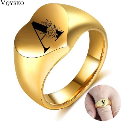 Flower Initials Heart Rings for Men Bulky Heavy Stamp Women Band Stainless Steel Letters Custom Jewelry Gift