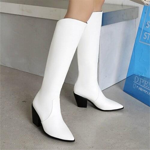 Faux Leather autumn Women Knee High Boots Thick Heel Zip Pointed Toe Women Long Boots Fashion Cool Party Winter Shoes Women34-43