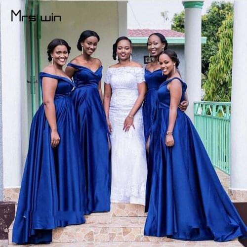 Mrs win Bridesmaid Dresses Royal Blue Off Shoulder A Line Long Vestido Madrinha HR261 Side Split Plus Size Wedding Party Gowns