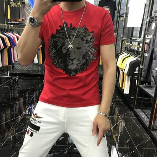 2021 Top Quality Men T-Shirt Flash Diamond Exaggerated Lion Head European Short Sleeve Breathable Size M-5XL Summer