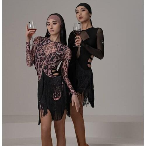 New Latin Dance Dress Female Adult Sexy Mesh Short Sleeve Practice Clothing Professional Rumba Tango Samba Dancewear DWY5738