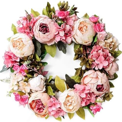 Practical Artificial Peony Flower Wreath - 18 Inch Pink Flower Door Wreath Spring Summer Fall Winter Wreath with Green Leaves