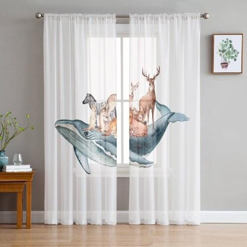 Animal Whale Deer Zebra White Sheer Curtains for Living Room Bedroom Kitchen Tulle for Windows Voile Drapes Home Decoration