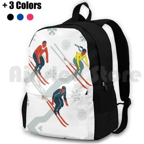 Mid Century Retro Ski Trails In Red , Teal And Yellow Outdoor Hiking Backpack Riding Climbing Sports Bag Ski Skiing Skis Skiers