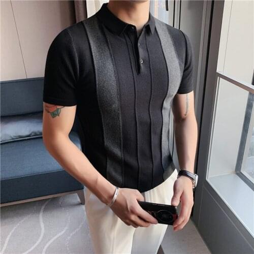 Contrast Striped Silk Knitted POLO Shirts for Men Short Sleeve Polo Shirts Business Casual Male Clothing Slim Office Social Tops