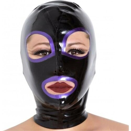 Sexy exotic lingerie lenceria handmade cekc black latex with purple trim open eyes mouth hoods hood back zipper costumes fetish