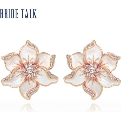 Bride Talk Flower Shape Women Fashion Earrings Cubic Zirconia Shiny Crystal Simple Style Trendy Popular Bridal Wedding Jewelry