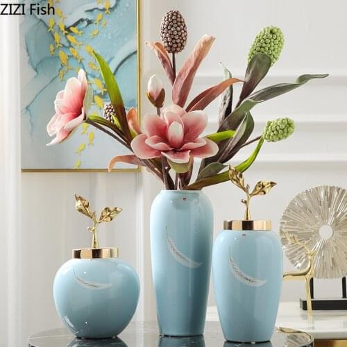 Modern Minimalist Ceramic Vase with Lid Artificial Flower Arrangement Floral Decoration Crafts Creative Desktop Decoration Vase