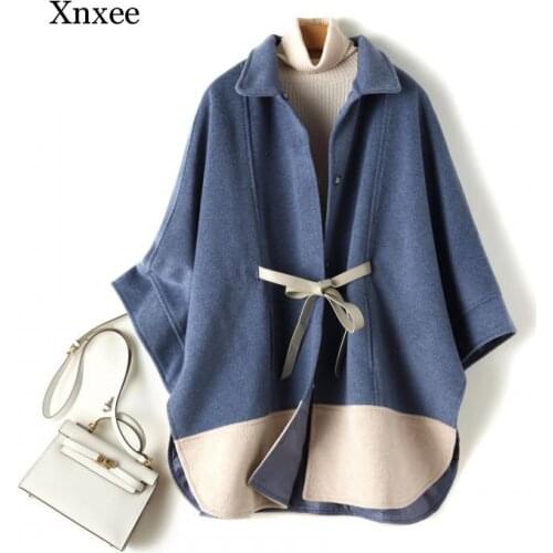 Women Patchwork Cloak Color-Block Wool Coat Autumn Winter Jacket Coats New Womens Casual Woolen Coats Plus Size Long Overcoat