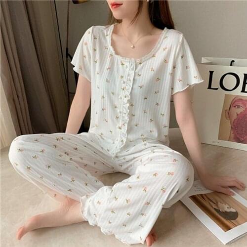 Womens Spring Summer Pajamas Jacquard Cotton Floral Sleepwear Set Fresh Short-Sleeved Long Pant Suit Home Service Hair Band