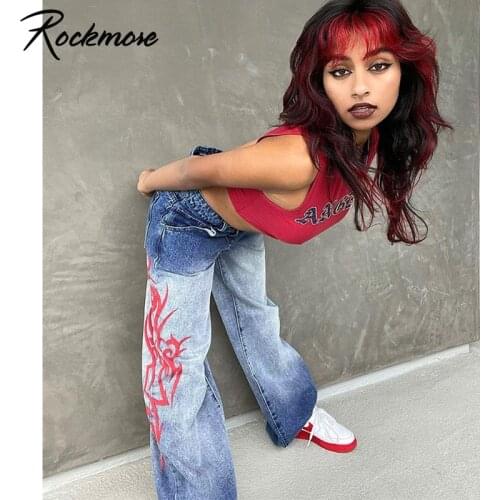 Rockmore Gradient Baggy Mom Jeans Vintage Print Low Waist Wide Leg Cargo Pants Women 90s Aesthetic Denim Trousers Streetwear Y2K