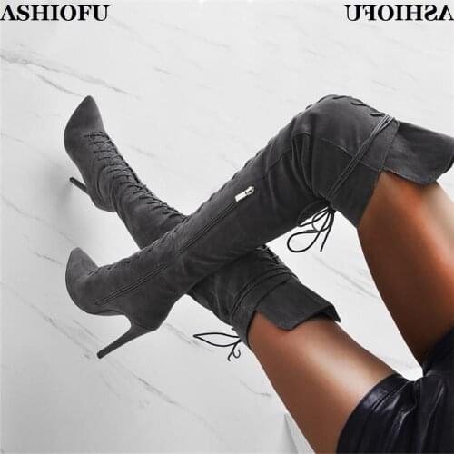 ASHIOFU Hot Sale Handmade Ladies High Heel Boots Party Prom Cheap Thigh High Boots Winter Stiletto Evening Fashion Boots Shoes