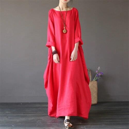 Fashion Elegant Long Summer Dress Women Linen Long Sleeve O Neck Loose Maxi Dress Y2k Femme Robe Solid Streetwear Vestir 2021