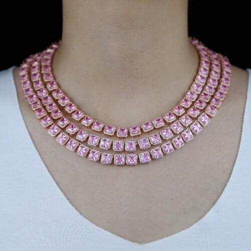 Iced out bling pink pinky women choker gemetric square shaped 5A cz cluster tennis necklace for party wedding gift