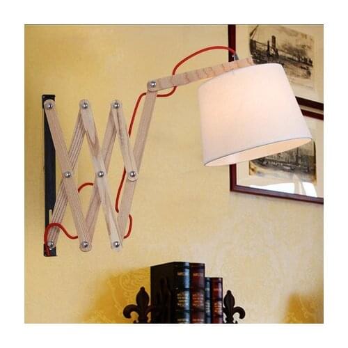 American vintage 110V/220V E27 wall lamp Cloth Oak Wood Retractable Wall Sconce Lights Lamparas Home Lighting Fixture lights