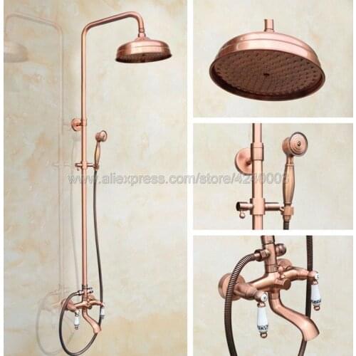 Antique Red Copper Rain Shower Faucets Tub Shower Faucet with 8 inch Shower Head + Hand Shower Krg541
