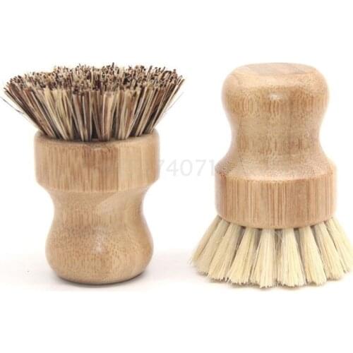 Bamboo Kitchen Cleaning Pan Pot Brush Short Round Wooden Handle Bowl Wash Tool