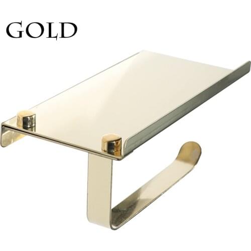 Free shipping good quality gold toilet paper roll holder Stainless steel toilet tissue roll paper holder with cell phone shelf